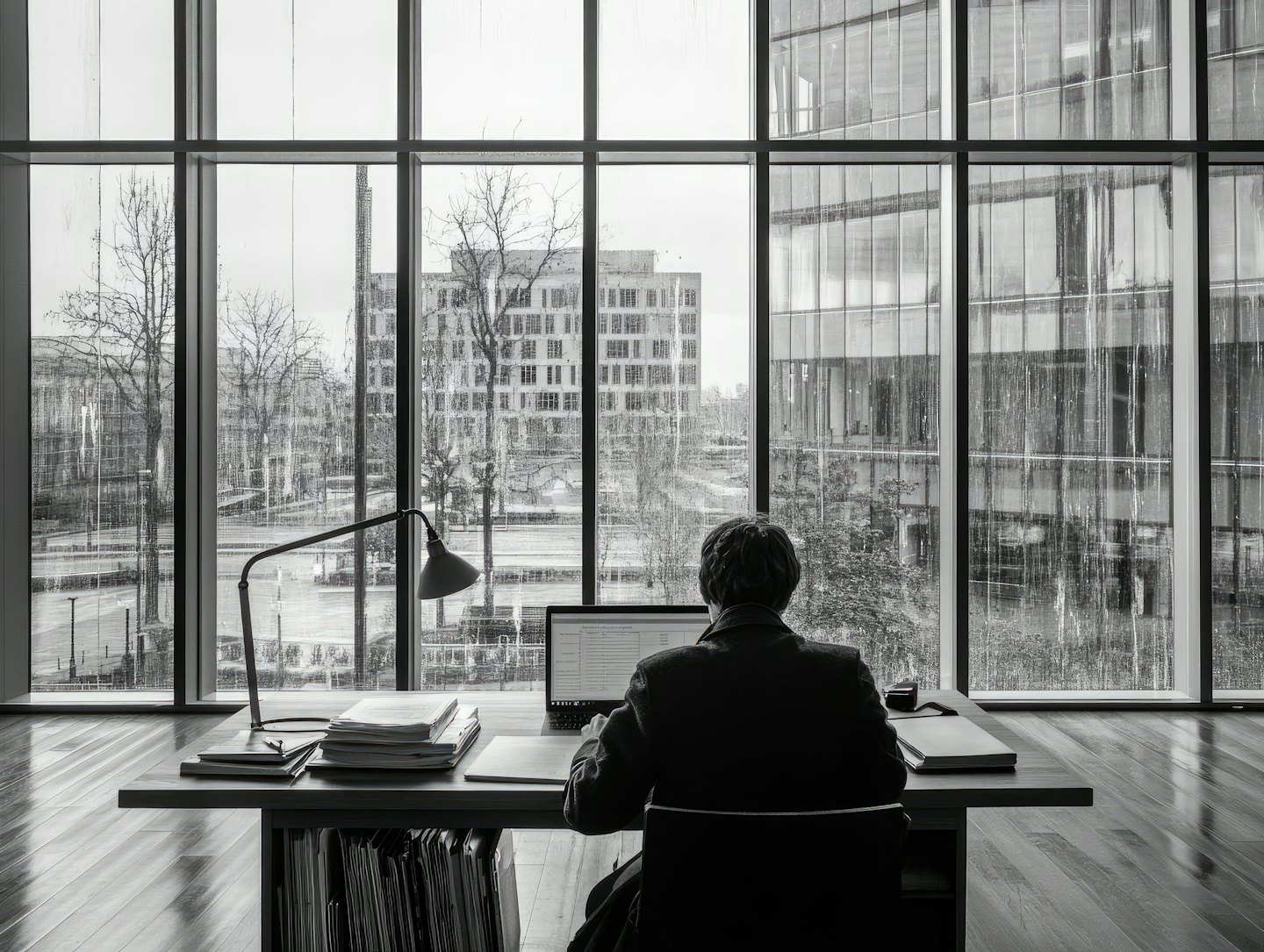 Persona sentada en un escritorio con un portátil mirando la ciudad.
